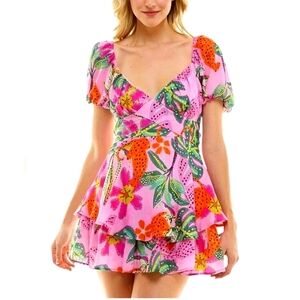CRYSTAL DOLL Puff-Sleeve Tie-Back Dress Tropical Print. Pink Multi. Size Small
